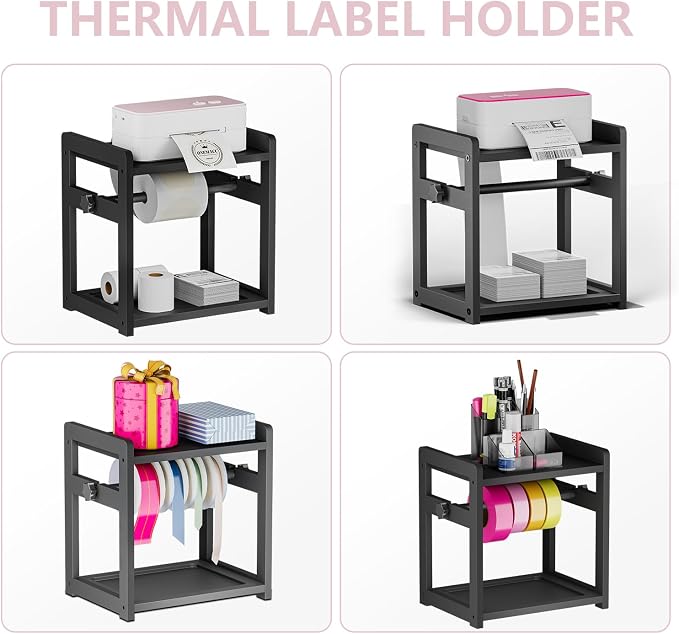 Label Holder for Rolls and Fanfold Labels, Wooden Thermal Sticker Label Printer Holder for Desktop, Sticker Roll Holder for Home Office Small Business Essentials, Black