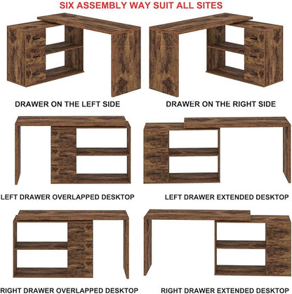 HSH L Shape Home Office Desk with Drawers, L-Shaped Computer Desk with Storage Cabinet Shelves, Wood Executive Desk for Writing Work, Reversible Study Table in Bedroom Living Room, Rustic Brown, 55 In