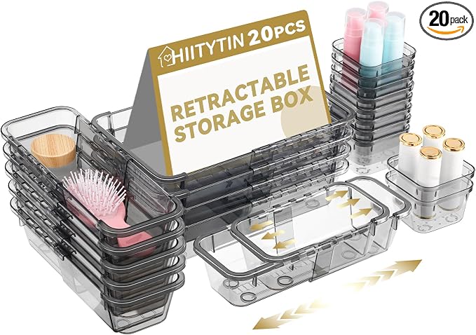 20 Pcs Adjustable Clear Drawer Organizer, Extendable Vanity Storage Bins, Desk Drawer Organizer Set for Makeup, Cosmetics, Bedroom, and Gadgets, Black