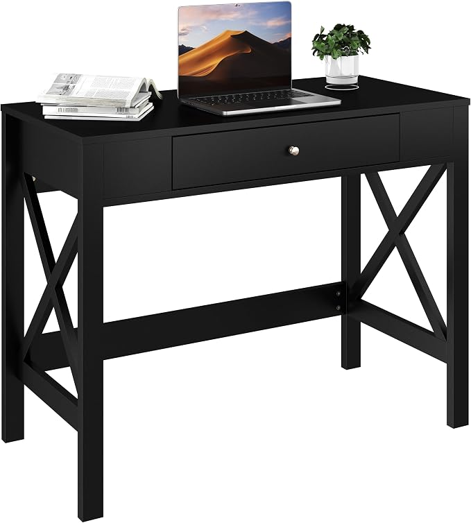 Lavish Home Writing Desk - Modern Desk with X-Pattern Legs and Drawer Storage - for Home Office, Bedroom, Computer, or Craft Table (Black)