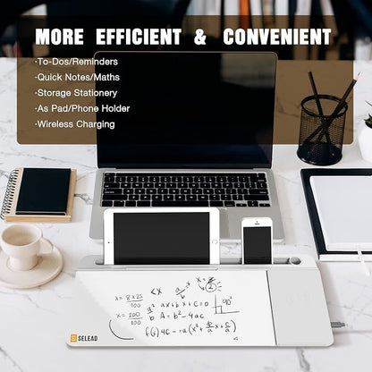SELEAD Desktop Glass Whiteboard with Wireless Charger Station, Dry Erase Board Computer Pad Keyboard Stand with Organizer Drawer for Home, School, Office Desk Accessories, White