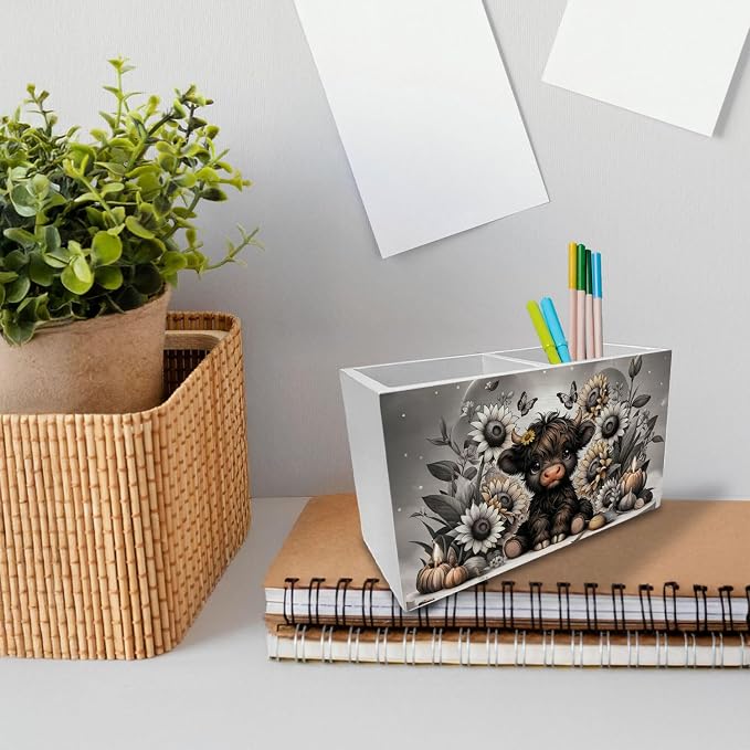 Sunflower Black Highland Cow Pen Holder for Desk, Highland Cow Gifts Wooden Box Sign Desk Decor for Home Office Decoration, Farmhouse Butterfly Floral Heifer Pencil Organizer
