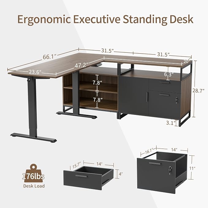 FEZIBO L Shaped Standing Desk with Drawers and Shelves, Executive Electric Standing Desk Adjustable Height, Sit Stand Table 66 inch Dark Walnut