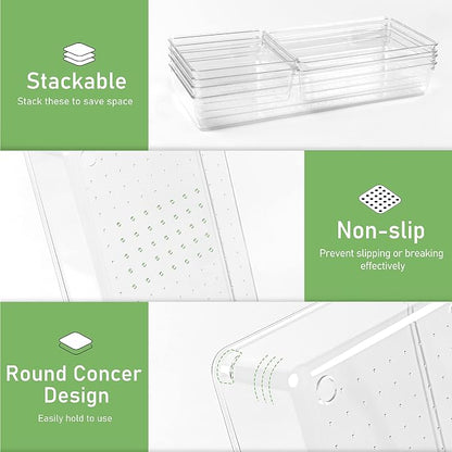 6 PCS Clear Plastic Drawer Organizer, Large 15" X 6" 3-Size Acrylic Stackable Kitchen Drawer Storage Tray, Bathroom Drawer Organizer Trays, Storage bins for Cosmetics Bathroom Kitchen Office