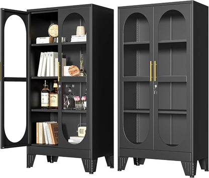 PAOFIN 61" H Locking Display Cabinet with Glass Door, Metal Cabinets with 3 Adjustable Shelves, Cabinet Display Case for Living Room, Collectibles, Clinic, Home - Assembly Required Black