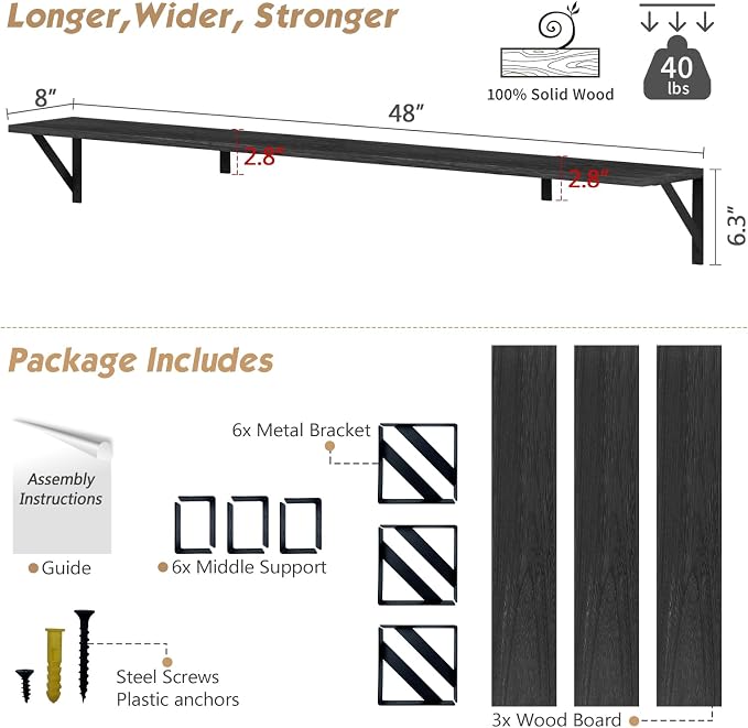 Forbena 48 Inch Long Floating Book Shelves for Wall Set of 3, Black Wall Bookshelves for Living Room, Large Heavy Duty Wood Wall Mounted Hanging Bookshelf for Bedroom Office Library Classroom