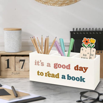 Bookmark Holder Decor Wooden Pen Pencil Holder for Desk, Book Club Gifts It's a Good Day to Read a Book Wood Makeup Brush Toothbrush Organizer for Reading Corner Room Library