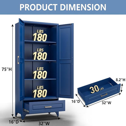 Polup Metal Storage Cabinet,75" Tall Kitchen Pantry Storage Cabinet with Doors and Adjustable Shelves, Blue Metal Pantry Cabinets with Drawer, Large Cupboard for Kitchen, Dining Living Room