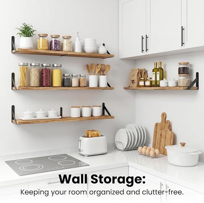 Long Wall Shelf,Large Floating Shelves for Wall,Wood Floating Bookshelves Hanging,Book Storage Display for Living Room Bedroom Office Bathroom Decor,4 Pack,36 Inch,Carbonized Black