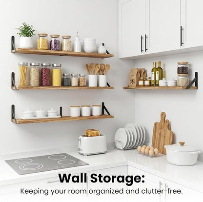 Long Wall Shelf,Large Floating Shelves for Wall,Wood Floating Bookshelves Hanging,Book Storage Display for Living Room Bedroom Office Bathroom Decor,4 Pack,36 Inch,Carbonized Black