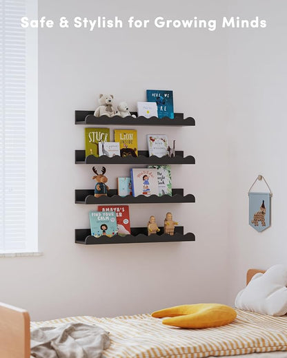 Seocry Kids' Bookshelf Set of 4 - Black Floating Nursery Book Shelves, Picture Ledge Shelf for Wall Decor and Storage - Perfect for Books, Toys, Photo Frames, and Nursery Décor