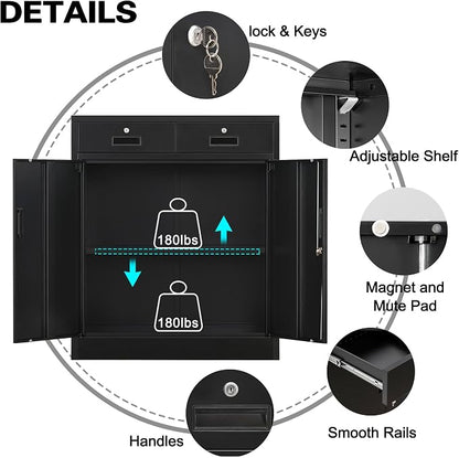 CMY Metal Storage Cabinet, Locking Storage Cabinet with Two Drawers, 36" H Steel Cabinets with Adjustable Shelf for Office, Garage, Home-Black