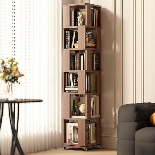 6 Tier Solid Wood Rotating Bookshelf Tower on Wheels, 360° Upgrade Spinning Book Shelf, Revolving Bookcase Organizer, Swivel Bookshelves for Small Spaces, Corner, Bedroom, Kids Room, Office (Brown)