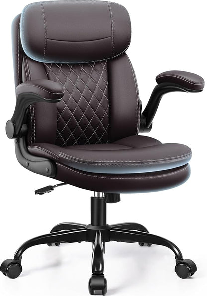 Leather Office Chair, PU Computer Desk Chairs with Upgraded Double-Layer Seat Cushion and Neckrest, 360°Swivel, Ergonomic Small Gaming Chair with Wheels and Adjustable Armrests, Dark Brown