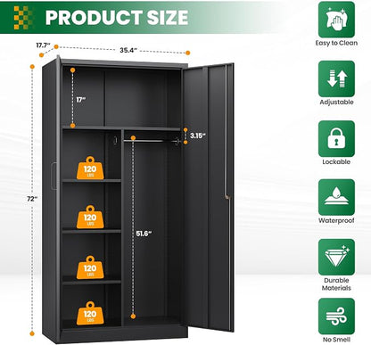 72" H Metal Garage Storage Cabinets, Lockable Broom Closet Cabinet with Hanging Rod & Doors, 5-Tier Steel Utility Cabinets for Garage, Laundry Room, Warehouse Storage, Black