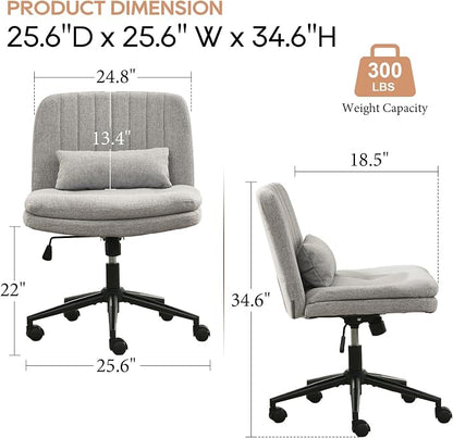 IPKIG Criss Cross Chair, Small Armless Desk Office Computer Chair with Wheels and Lumbar Pillow, Comfy Adjustable Swivel Task Vanity Chair Linen, Grey