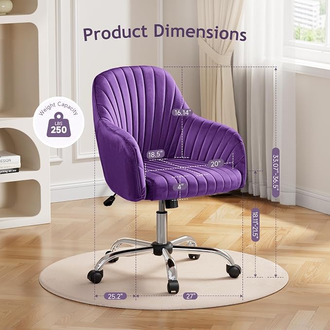 Warmiehomy Vanity Chair, Velvet Home Office Desk Chairs, Comfy Ergonomic Office Chair, Makeup Computer Chair with Arm Rest, Velvet Plum Purple