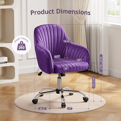 Warmiehomy Vanity Chair, Velvet Home Office Desk Chairs, Comfy Ergonomic Office Chair, Makeup Computer Chair with Arm Rest, Velvet Plum Purple