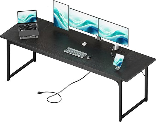 Coleshome 79 Inch Large Computer Desk with Power Outlet, Extra Long Desk for Home Office & Gaming, Spacious Writing Table for Study and Crafting, Black