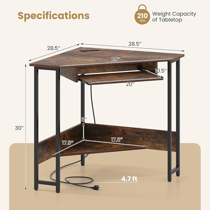 Giantex Small Corner Desk with Charging Station, Triangle Computer Desk with Keyboard Tray & Storage Shelf, Metal Corner Writing Desk for Bedroom, Small Space, Home Office, Black & Rustic Brown