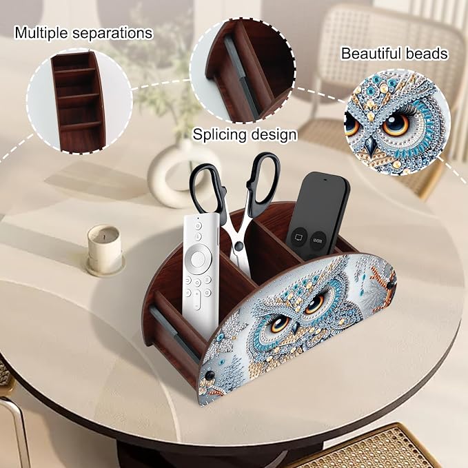 Diamond Painting Storage Box, DIY 5D Owl Design Multi-Compartment Wooden Tabletop Organizer, Diamond Art Storage Holder for Pens Makeup Brushes Remotes Office Supplies Desktop Decoration