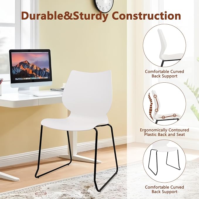 KLASIKA Stackable Waiting Room Chair, Stacking Office Chair with Ergonomic Lumbar Support and Metal Legs, Plastic Desk Chairs for Conference School Church Guest Reception Set of 4, White