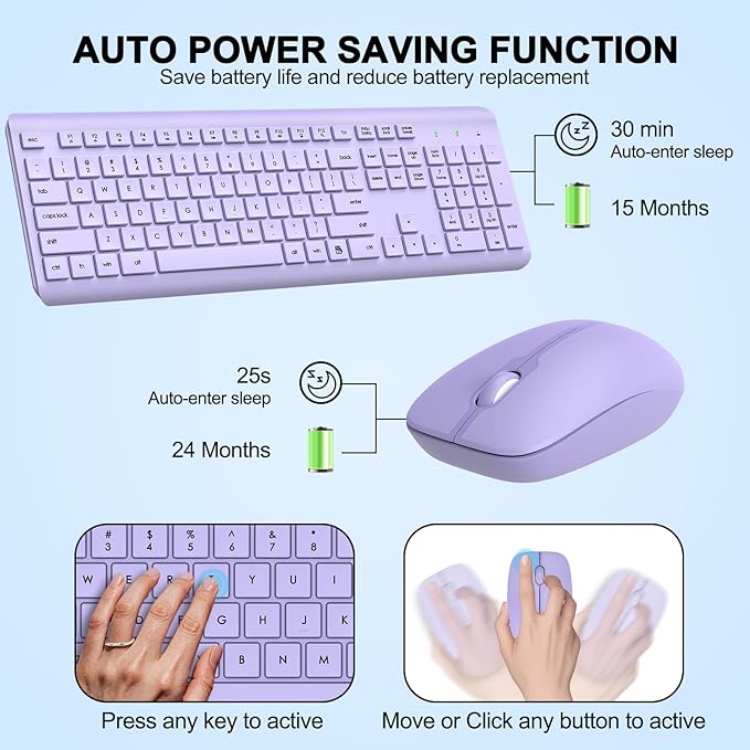 Wireless Keyboard and Mouse Combo, Full-Size Silent Ergonomic Keyboard and Optical Mouse, Long Battery Life, 2.4G Lag-Free Mice Keyboard for Computer, Mac, Laptop, PC, Windows(Purple)