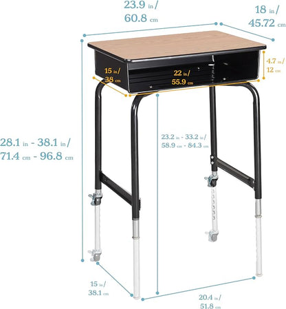 ECR4Kids Mobile Open Front Desk with Metal Storage Book Box, Classroom Furniture, Oak