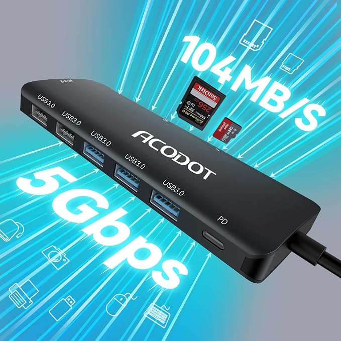 USB C Hub, 9-in-1 Multi-Port USB Adapter, 4K@60Hz HDMI, 100W Max PD, 3 USB3.0(5Gbps) + 2 USB2.0 Data Ports, SD/TF Card Reader for MacBook, iPad Pro, Dell, HP, Lenovo, Windows Laptop, Black