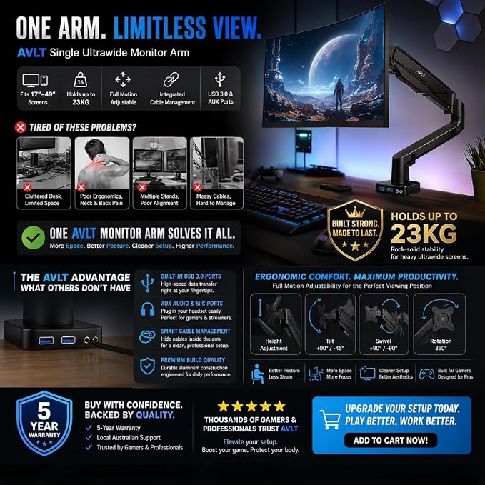 AVLT Single 17"-49" Super Ultrawide Monitor Arm Desk Mount for Screens up to 50 lbs, Premium Aluminum Stand, Adjustable Pneumatic Height, Full Motion Swivel Tilt Rotation, USB 3.0 & AUX Ports, Black