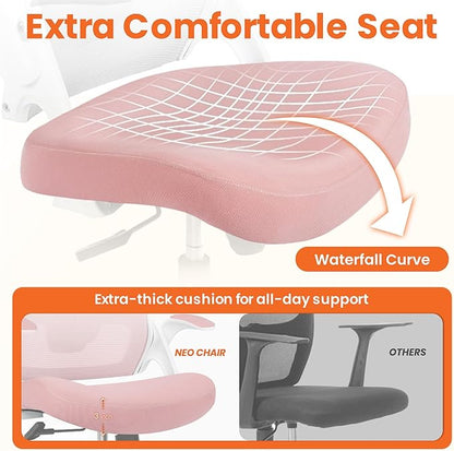 NEO CHAIR Office Desk Gaming Chair Computer High Back Mesh Seat with Rolling Wheels Ergonomic Adjustable Comfy Flip-up Armrests Lumbar Support Height for Home (Pink)