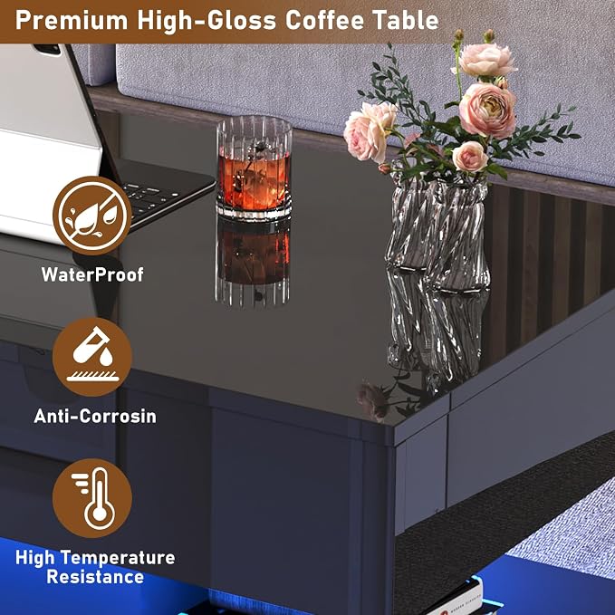 39.4" Large Lift Top Coffee Table,Modern High Glossy LED Coffee Tables for Living Room with Storage,Black Living Room Tables for Living Rooms,Dining Room,Bedroom Home Office,APP LED Lights（Black）