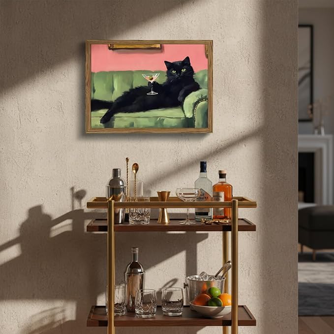 Black Cat Wall Art 12x16 Inch Funny Martini Cat Canvas Painting, Whimsical Cocktail Bar Wall Decor, Vintage Animal Artwork for Bar Cart, Kitchen, Living Room, Wood Framed