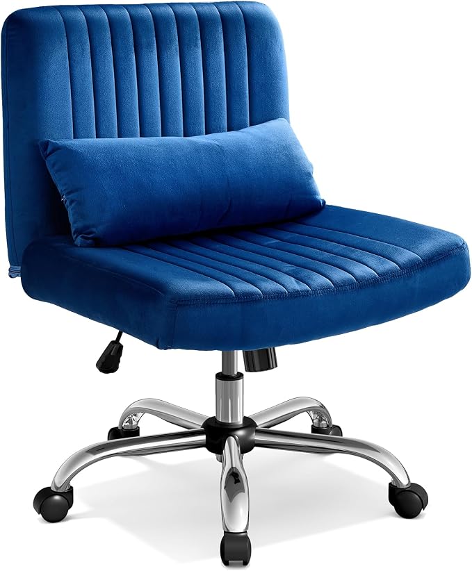 Warmiehomy Velvet Criss Cross Chair with Wheels, Cross Legged Office Chair, Comfy Desk Chair for Home Office, Ergonomic Computer Chair, Wide Seat Vanity Chair, for Adults, Royal Blue