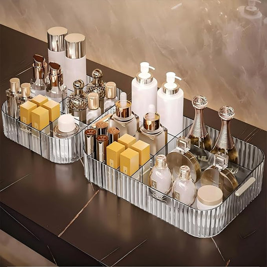 DASITON Large Capacity Makeup Organizer,12 Slots Makeup Brush Holder,Makeup Storage with Handle,Vintage Striped Cosmetic Organizer for Bathroom Countertops,Desk Storage Container(Clear)