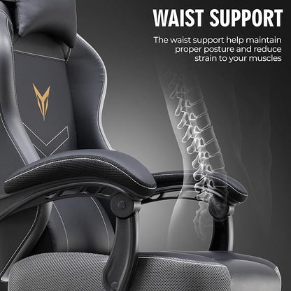 GTPLAYER Gaming Chair, Office Chair High Back Computer Chair with Foot Rest for Adults, Leather Desk Chair Executive Ergonomic Height Adjustable with Headrest and Lumbar Support, 300lbs Grey
