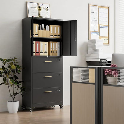 METAN Metal Storage Cabinet with 3 Drawers and 2 Doors, Lockable Rolling File Organizer on Wheels for Home Office, for Letter/Legal Size,Black, Assembly Required