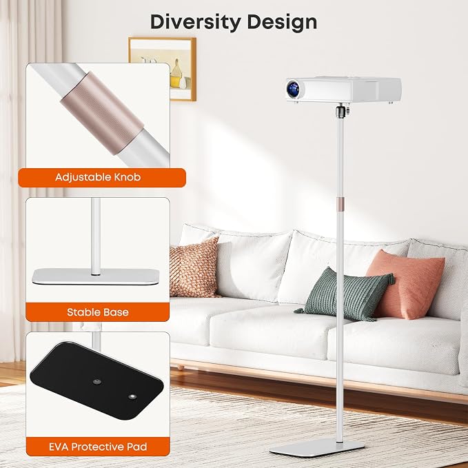 Universal Projector Stand – Height Adjustable Floor Stand with 360° Rotating Ball Head & 1/4" Screw, Heavy-Duty Base for Projectors, Cameras & Webcams – Blends with Warm Home Decor & White Devices
