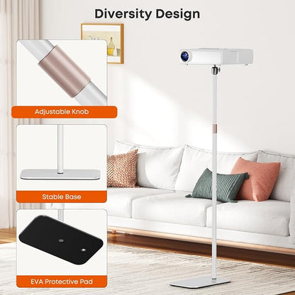 Universal Projector Stand – Height Adjustable Floor Stand with 360° Rotating Ball Head & 1/4" Screw, Heavy-Duty Base for Projectors, Cameras & Webcams – Blends with Warm Home Decor & White Devices