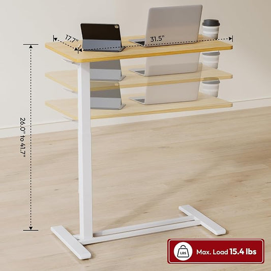 SANODESK Medical Adjustable Overbed Bedside Table with Hidden Casters, Pneumatic Mobile Laptop Computer Standing Desk Cart with Tray, Hospital and Home Use(31.5" W x 17.7" D, Maple)