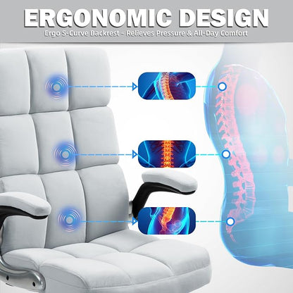 ECOTOUGE Executive Office Chair, Velvet Ergonomic Comfy Desk Chair, High Back Computer Chair with Adjustable Tilt Angle and Flip-up Arms (Grey, Without Footrest)