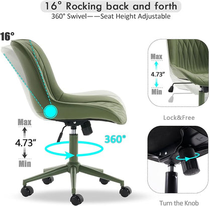 YOUNIKE Olive Green Faux Leather Ergonomic Office Chair Armless Comfy Desk Chair with Rocking Back Cute Swivel Vanity Chair with Wheels Height Adjustable Small Computer Task Chair for Sewing Drafting