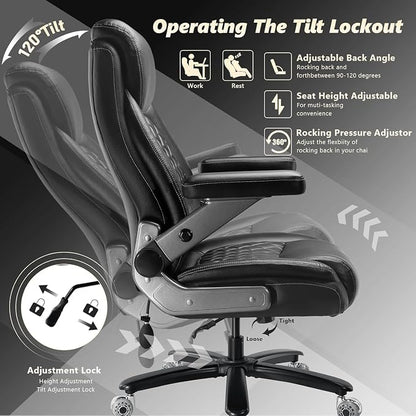 700LBS Large Heavy Duty Office Chair with 5D Flip Arms, Comfy Big and Tall Executive Office Desk Chair with Pocket Spring Cushion, High Back Computer Chair with Lumbar Support,Dual Rubber Wheel