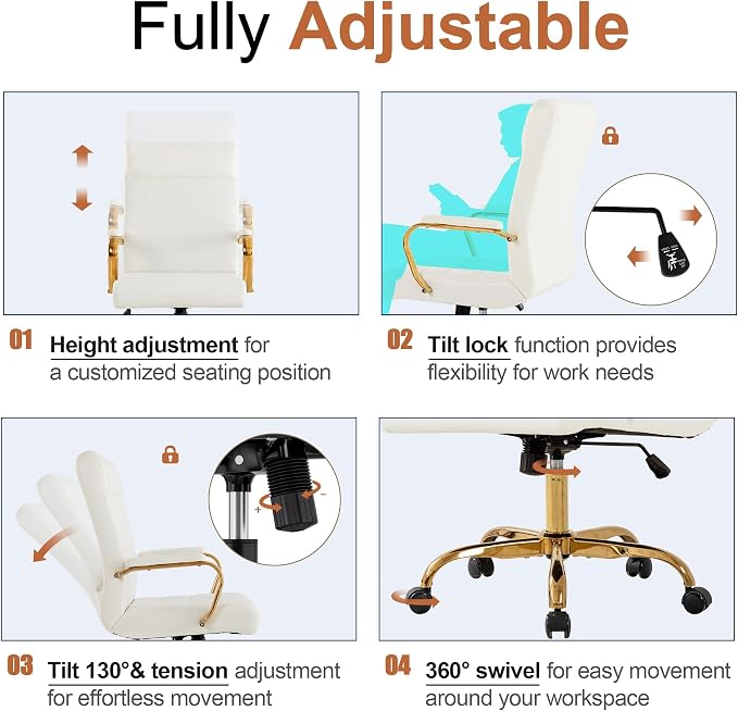 White and Gold Office Desk Chair, Modern Leather Conference Room Chairs, High Back Ergonomic Home ofiice Chair, Adjustable Height Swivel Executive Computer Chair with Padded Seat and Armrest