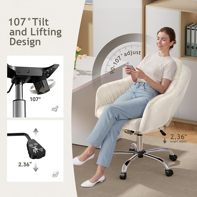Warmiehomy Velvet Desk Chair for Home Office, Modern Adjustable Swivel Task Chair, Women Vanity Chairs with Arm Rest for Bedroom Dressing Room, Cozy Beige