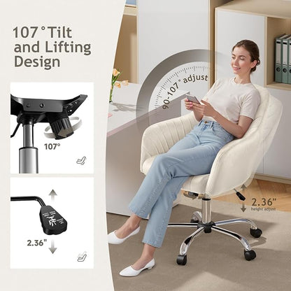 Warmiehomy Velvet Desk Chair for Home Office, Modern Adjustable Swivel Task Chair, Women Vanity Chairs with Arm Rest for Bedroom Dressing Room, Cozy Beige