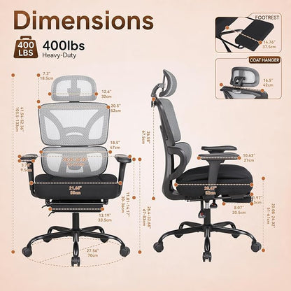 Ergonomic Office Chair with Footrest - High Back Mesh Computer Desk Chair | with Back Support, 135° Reclining, 4D Armrest & Headrest, 400lbs Thickened Seat Cushion, for Home Office, Work & Gaming