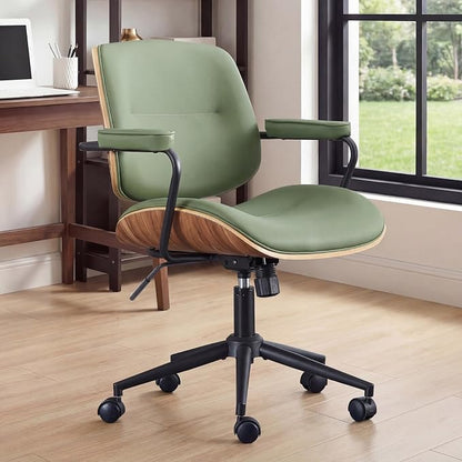 Mid Century Modern Office Chair with Adjustable Backrest, Wooden Desk Chair with Armrests, Swivel Height Adjustable Home Office Chair, Comfortable Task Chair for Home Office, Green