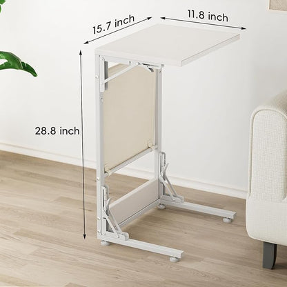 Folding TV Tray Table, 28.8" Tall C-Shaped Side Table for Couch and Bed, Slide Under Sofa Side Desk with Storage Bag - Sturdy Metal Frame Tray for Living Room, Bedroom, Home & Office (White)