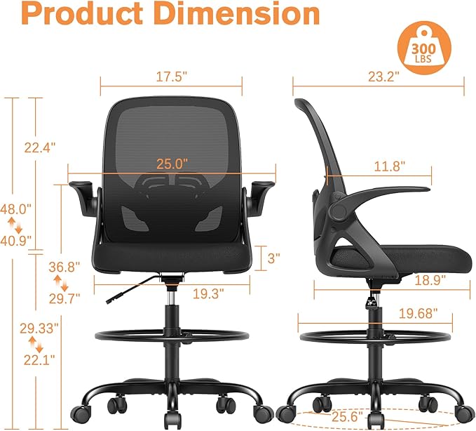 ORRSAKER Drafting Chair, Tall Office Chair with Flip-up Arms, Mesh Ergonomic Computer Standing Desk Chair with Adjustable Height Foot Ring and Lumbar Support, 300 LBS Capacity, Black